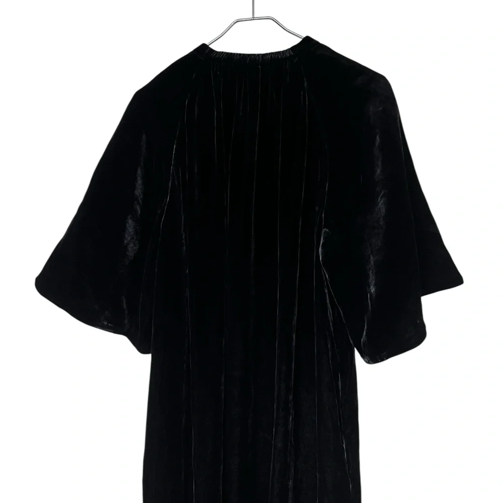 COS NWT black gathered velvet silk blend midi dress statement sleeve minimalist - Picture 5 of 13